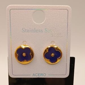 Stainless Steel Navy Clover Gold Tone Earrings